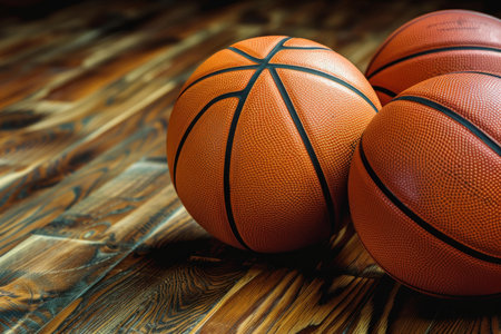 Three basketballs are sitting on a hardwood gym floorの素材