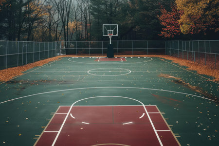 Empty outdoor basketball court is covered in fallen autumn leavesの素材
