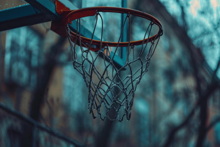 Basketball hoop with frozen net hanging on a blurred background of urban streetの素材