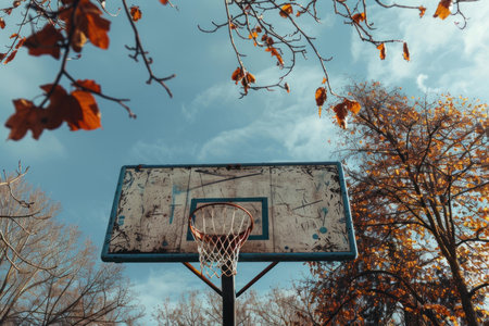 Old basketball backboard standing under a cloudy autumn sky, with orange leaves falling from the treesの素材