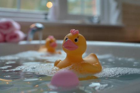 Yellow rubber duck floating in a bubble bath with a pink spongeの素材