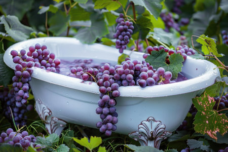 Ripe, purple grapes overflowing from an antique bathtub nestled in a vineyard, creating a scene of rustic charm and abundanceの素材