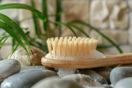Natural bath brush with soap foam is resting on stones in a spa setting, surrounded by green plants, promoting relaxation and self careの素材