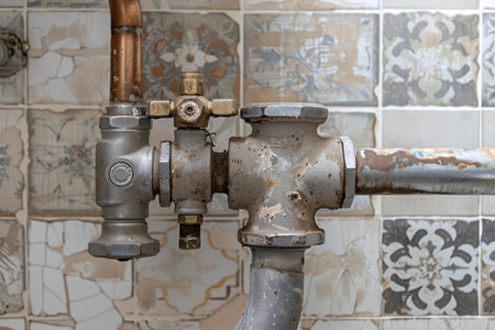 Closeup of old rusty water pipes with valves on tiled wall, concept of plumbing repair or renovationの素材
