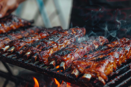 Bbq baby back ribs cooking slowly on a hot grill with flamesの素材