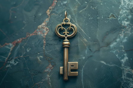 Old ornate key is lying on a green marble surfaceの素材