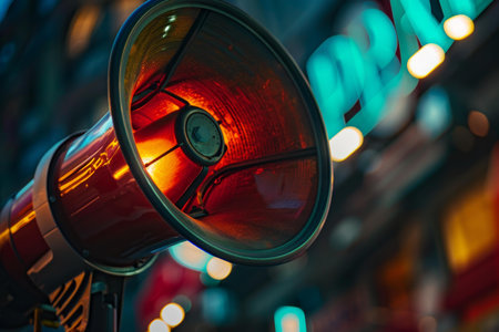Red megaphone making an announcement with blurred lights in the backgroundの素材