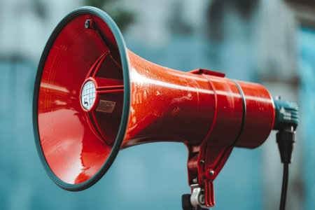 Red megaphone mounted on a stand is amplifying an important messageの素材