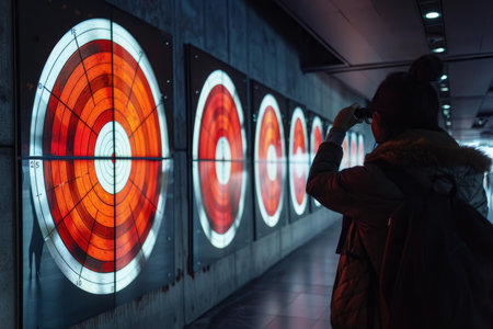 Woman is standing in a hallway with red and white target signs on the wall, looking through binocularsの素材