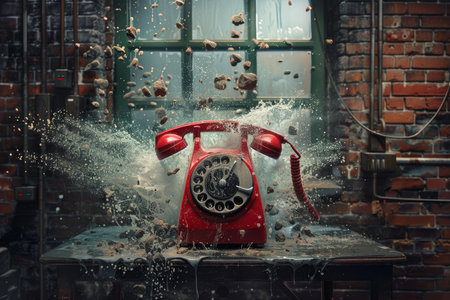 Red rotary phone exploding with rocks and water in an abandoned room with a grunge aestheticの素材