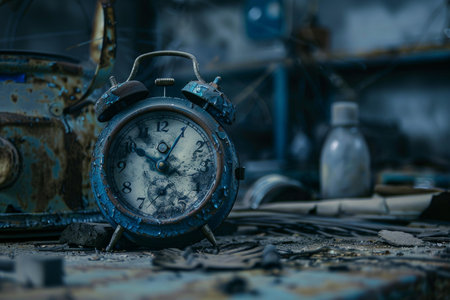 Old, rusty alarm clock is showing the time passing in an abandoned factoryの素材