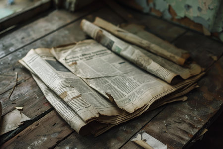 Old newspapers are sitting on a wooden table, showing the passage of time and the fading relevance of printed newsの素材