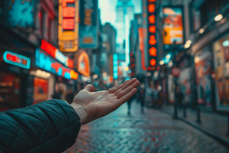 Tourist is extending an open hand on a city street at night with neon lights glowingの素材
