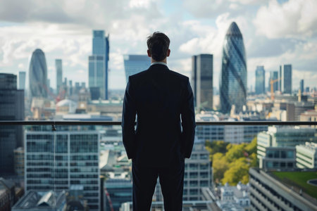 Businessman stands on a high rise balcony, looking out over the urban landscape of london, englandの素材