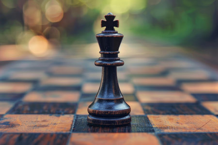 Black king chess piece standing on a chessboard with a blurred nature backgroundの素材