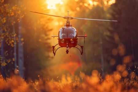Helicopter hovering over an autumn forest with the sun setting in the backgroundの素材