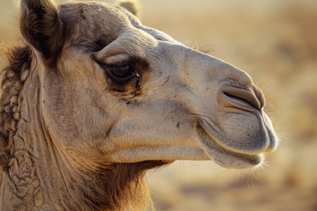 Dromedary camel showing its teeth and posing in the desertの素材