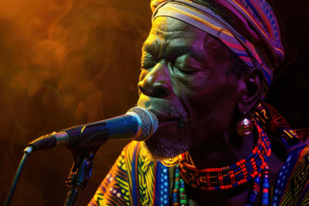 Older african musician passionately sings into a microphone on a smoky stageの素材