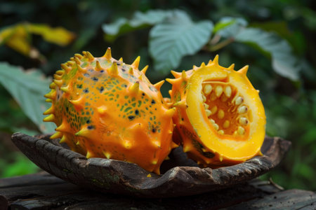 Ripe kiwano fruit, sliced open to reveal its vibrant green flesh and seedsの素材