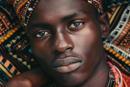 Closeup of a young african man with an intense gaze, wearing a colorful headwrapの素材