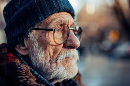 Elderly man wearing a wool hat and glasses looking away from the cameraの素材