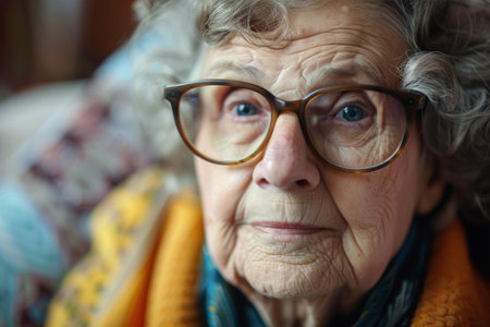 Close up portrait of an elderly woman with glasses looking directly at the cameraの素材
