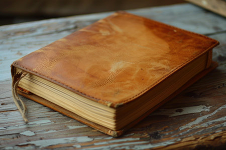 Worn leather bound book with a rustic string tie laying on a wooden tableの素材