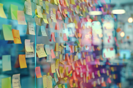 Many colorful sticky notes with ideas and tasks are showing on a glass wall in a modern officeの素材