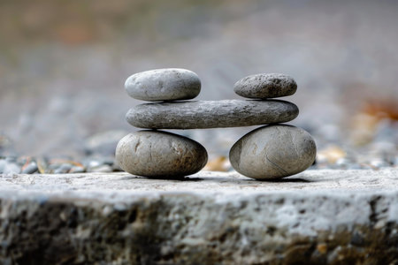 Stone balancing sculpture is standing on a rock, representing balance and stabilityの素材