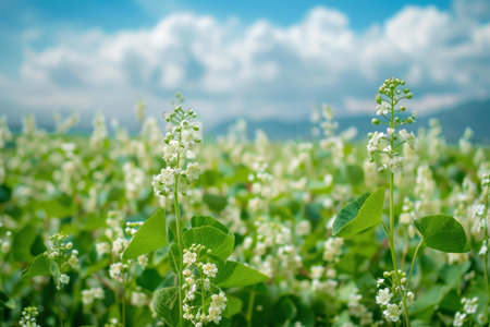 Field of small white flowers blooming on a sunny day with a blue sky and white cloudsの素材