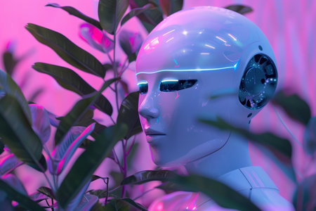 White humanoid robot with blue glowing eyes surrounded by plants with pink and blue lightingの素材