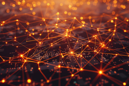 Complex network connecting glowing points of data creating a technological backgroundの素材
