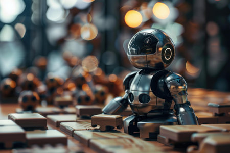 Silver robot is sitting at a table and looking at wooden blocksの素材