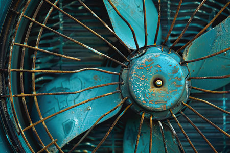 Close up of an old rusty fan, showing its age and wear, with peeling paint and rusty metalの素材