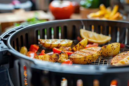 Delicious slices of potatoes and peppers grilling with lemon in an air fryerの素材