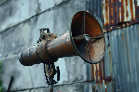 Old rusty megaphone is standing in front of a wall, showing its age and wearの素材