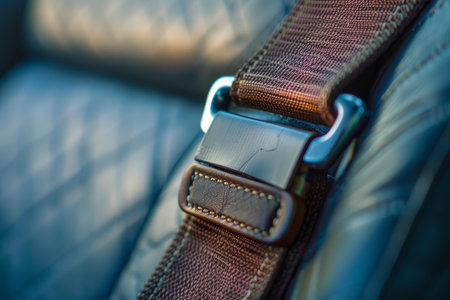 Brown leather and fabric seatbelt buckle fastening on blue leather car seatの素材