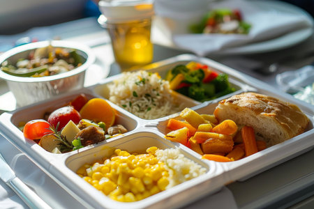 Lunch meal served on board of airplane with vegetables, meat, bread and cornの素材