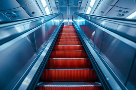 Red escalator going up inside a modern building with blue toned futuristic architectureの素材