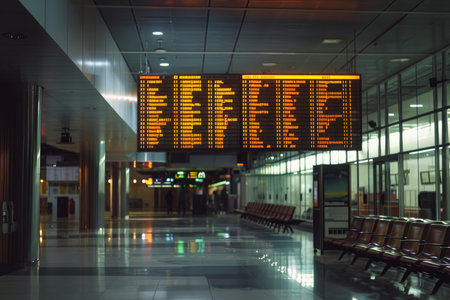 Empty airport terminal with arrival and departure information displayed on a digital boardの素材