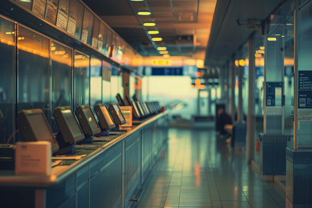 Deserted airport terminal with a row of empty check in counters waiting for passengersの素材