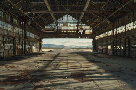 Empty abandoned aircraft hangar is facing a runway on a sunny dayの素材