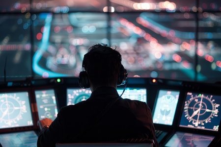 Air traffic controller managing departure and arrival operations inside a control towerの素材