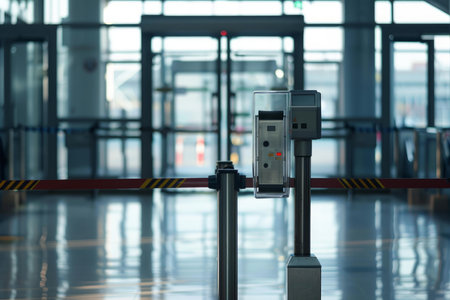 Empty airport terminal with security checkpoint and boarding pass scannerの素材