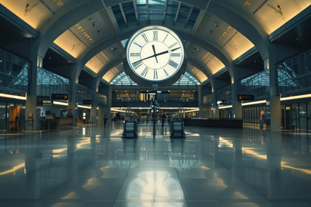 Empty airport terminal with a large clock hanging from the ceiling and few people walkingの素材