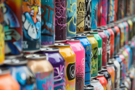 Colorful used spray paint cans forming a big wall are displaying urban art and representing street art cultureの素材
