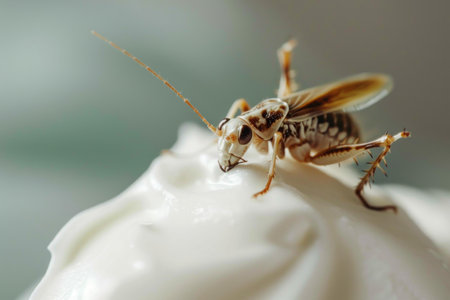 Cricket eating white cream on blurred background edible insects food of the futureの素材