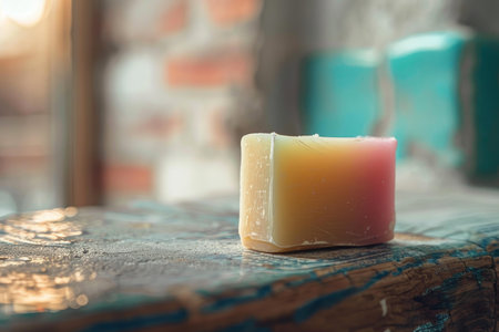 Single colorful bar of soap sits on a rustic wooden surface, bringing a touch of vibrant cheer to a simple settingの素材