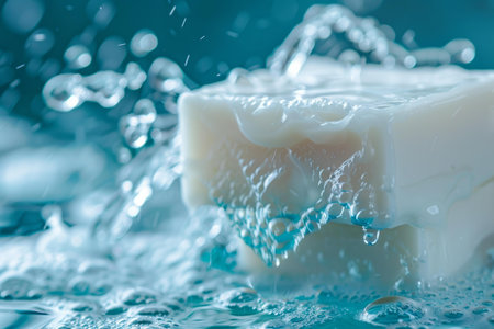 White soap bar is splashing in water creating bubblesの素材