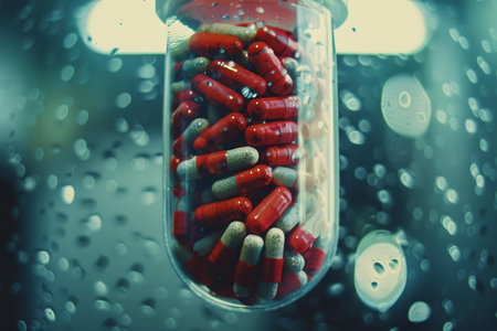 Red and white capsules are being manufactured in a pharmaceutical lab for new curesの素材